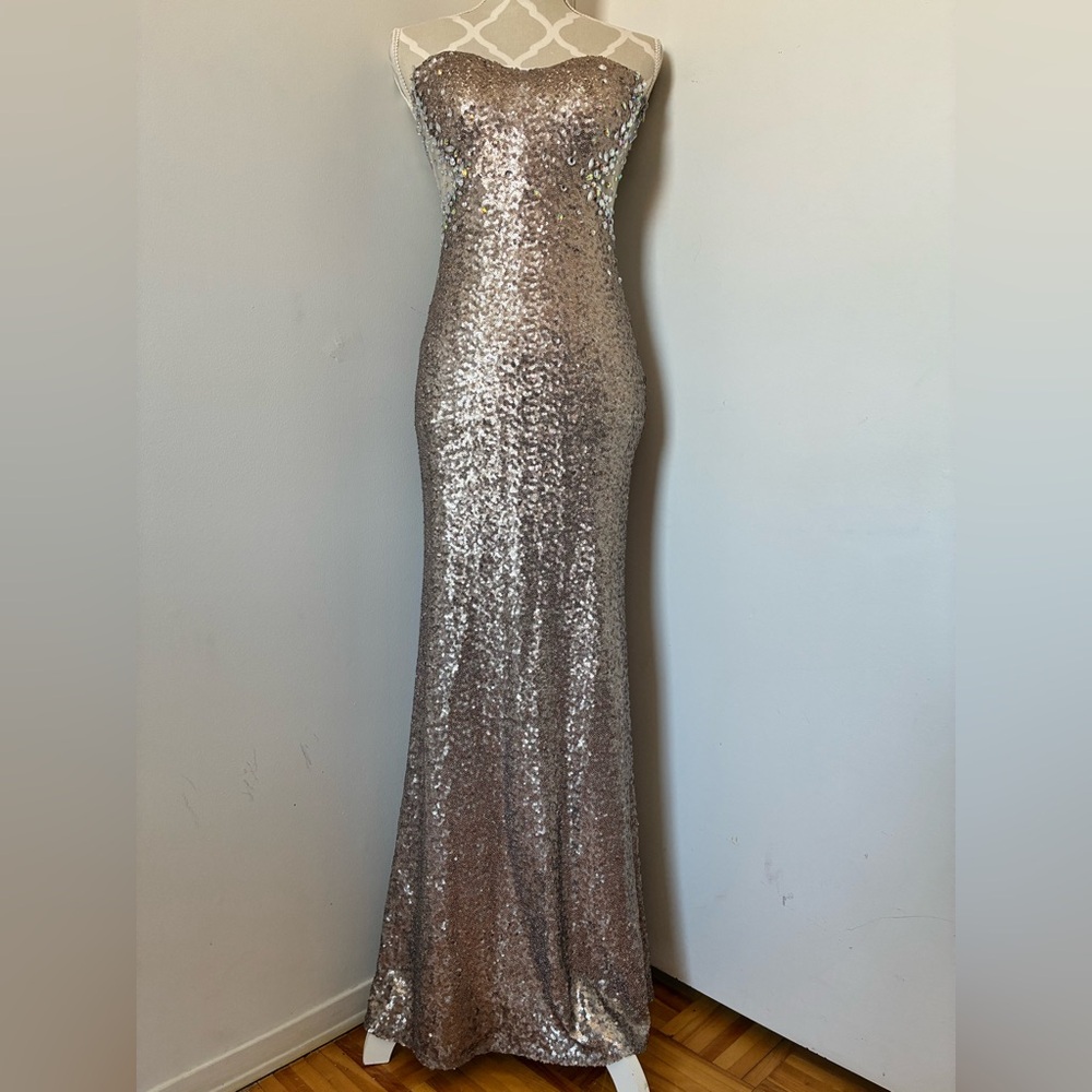 JUMP! Apparel | Strapless Rose Gold Sequin Dress with Iridescent Rhinestones XS